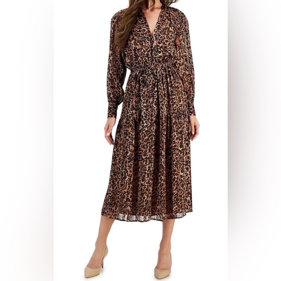 Anne Klein Brown Leopard Print Long Sleeve Midi Dress NWT - Modest office wear
